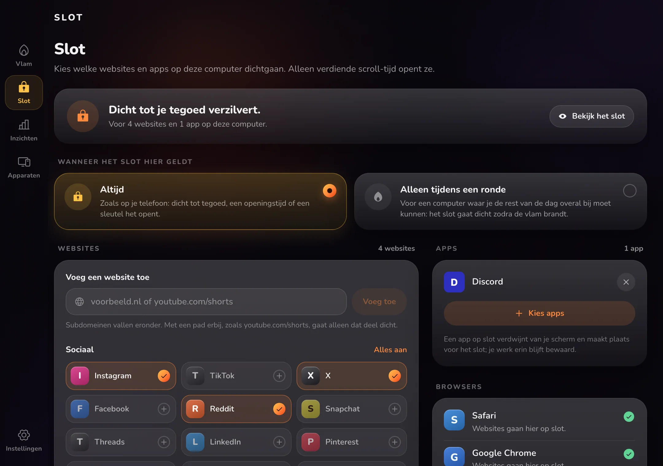 Het scherm Slot. Bovenaan kies je of het slot altijd geldt of alleen tijdens een ronde. Daaronder zijn websites zoals Instagram, X en Reddit aangevinkt, en de app Discord.